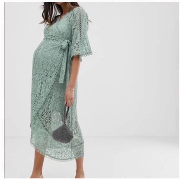 ASOS DESIGN Maternity lace wrap midi dress - sage green - size 16 xl - Picture 2 of 3